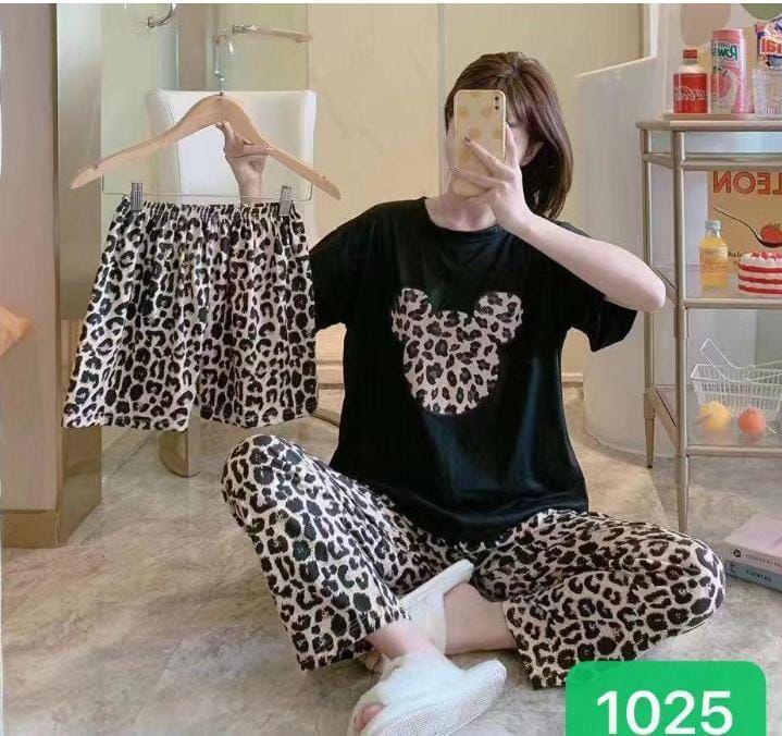 Comfortable three pcs printed cotton jersy night suit for women