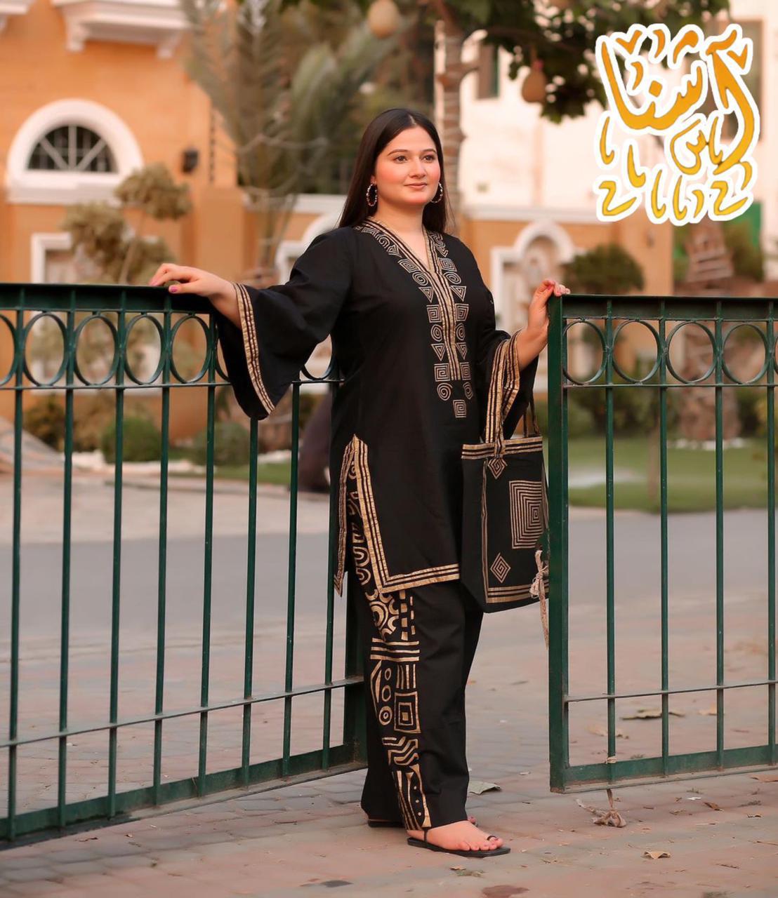 3PC printed shirt trouser with printed bag for Women