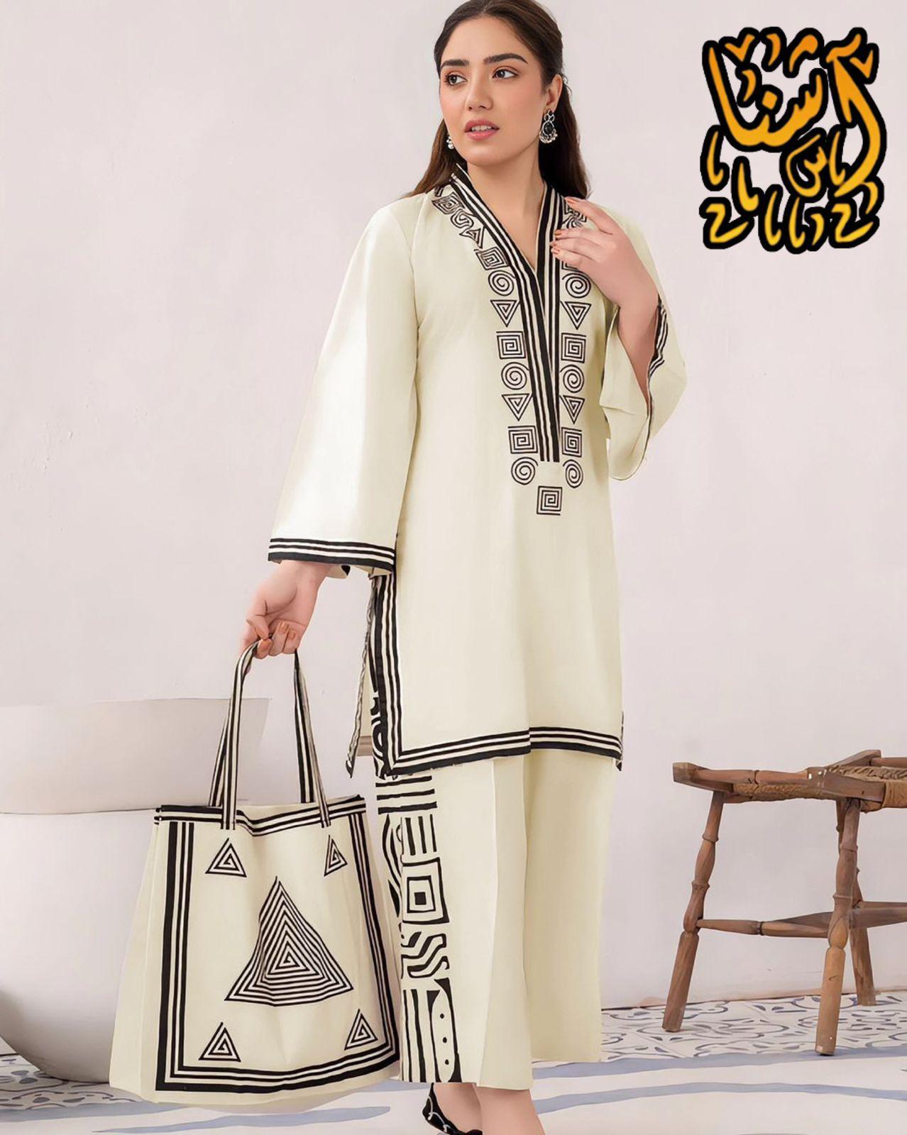 3PC printed shirt trouser with printed bag for Women