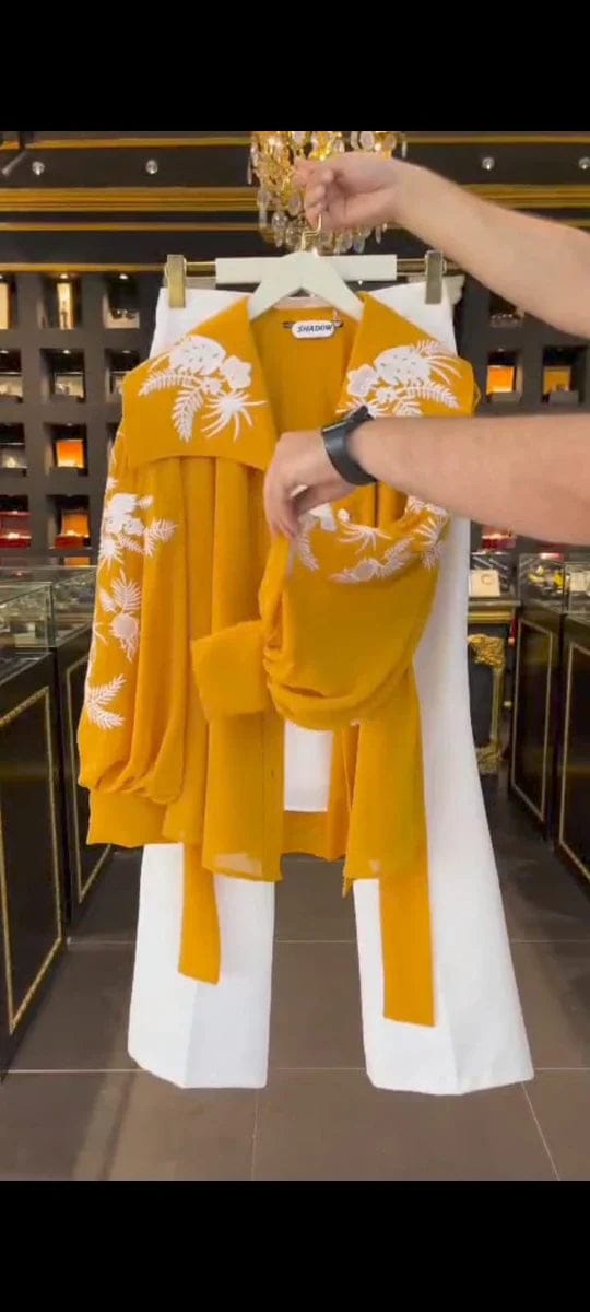 SHIFFON MUSTARD WESTERN STYLE EMBROIDERED 3 PCS DRESS