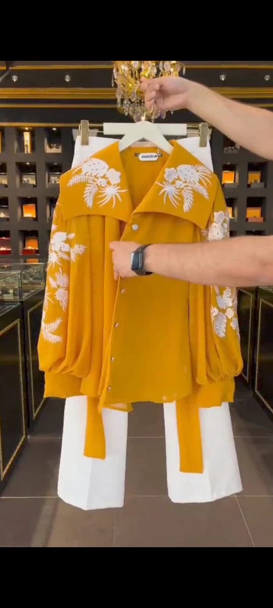 SHIFFON MUSTARD WESTERN STYLE EMBROIDERED 3 PCS DRESS