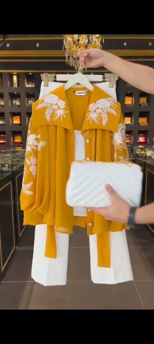 SHIFFON MUSTARD WESTERN STYLE EMBROIDERED 3 PCS DRESS